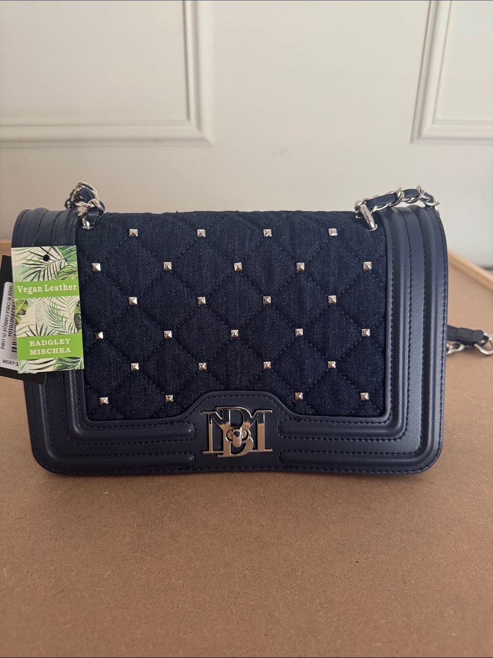 Badgley Mischka Navy Quilted Vegan Leather & Denim Crossbody with Studs